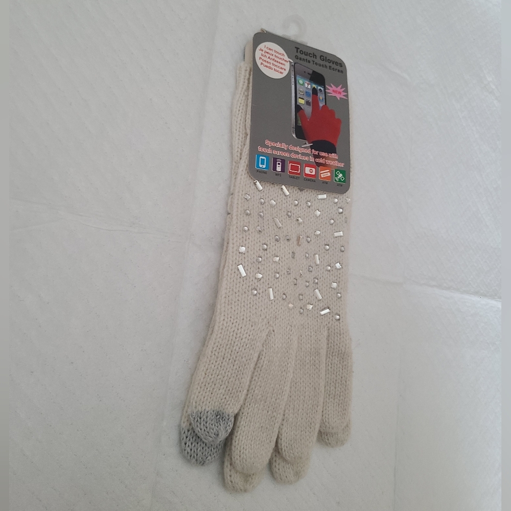 Beige Cream Knit Embellished Rhinestone Fashion Touchscreen Warm Winter Gloves